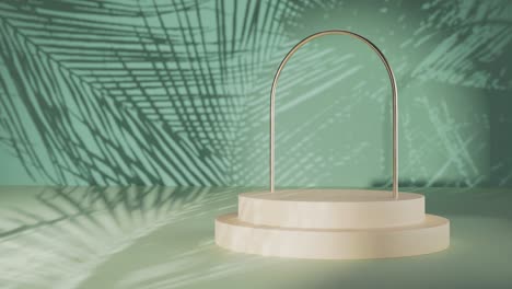 podio blanco mínimo con fondo de reflejo de palmera para el stand y el diseño del producto, renderización 3d, bucle de animación de ilustración 3d
