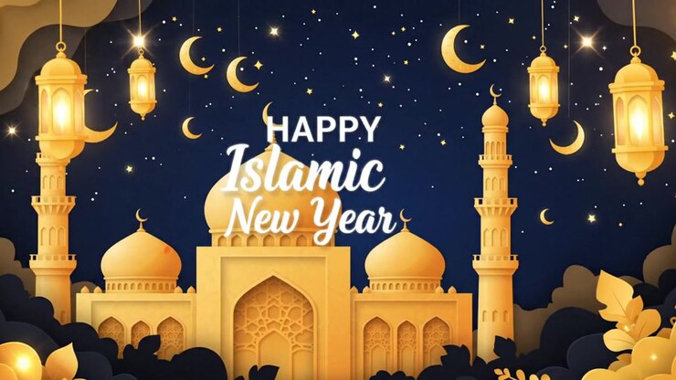 Animazione di auguri per il felice Capodanno islamico con moschea dorata