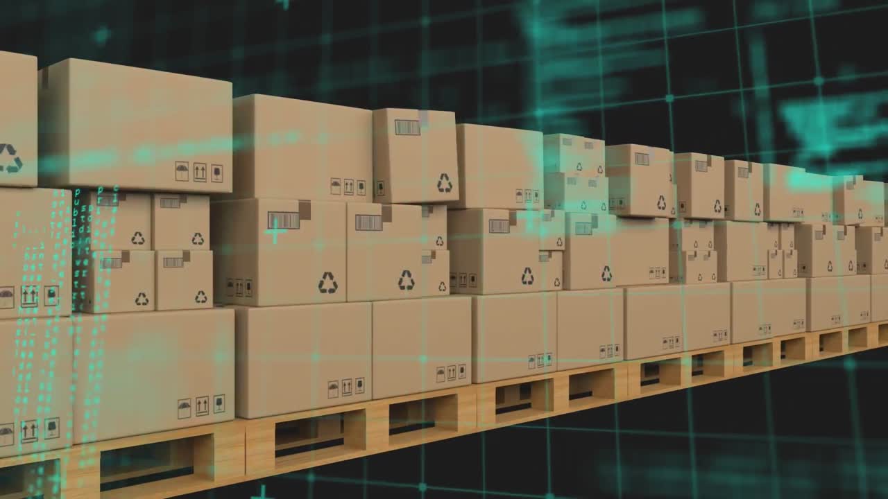 컨베이어 벨트에 있는 여러 배달 상자에 대한 그리드 네트워크를 통한 데이터 처리