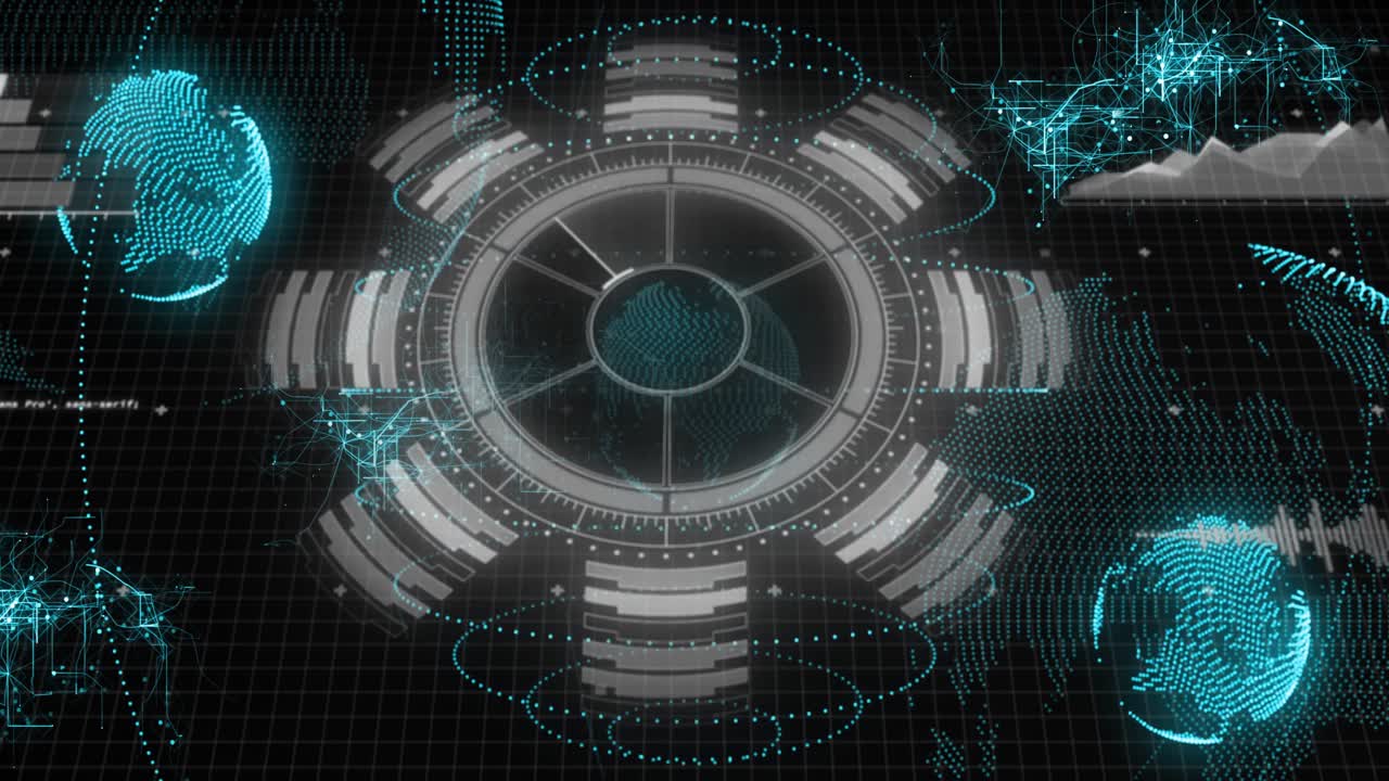 Клинья света, вращающиеся глобусы, пульсирующие узлы, мерцание, визуализация статуса интерфейса