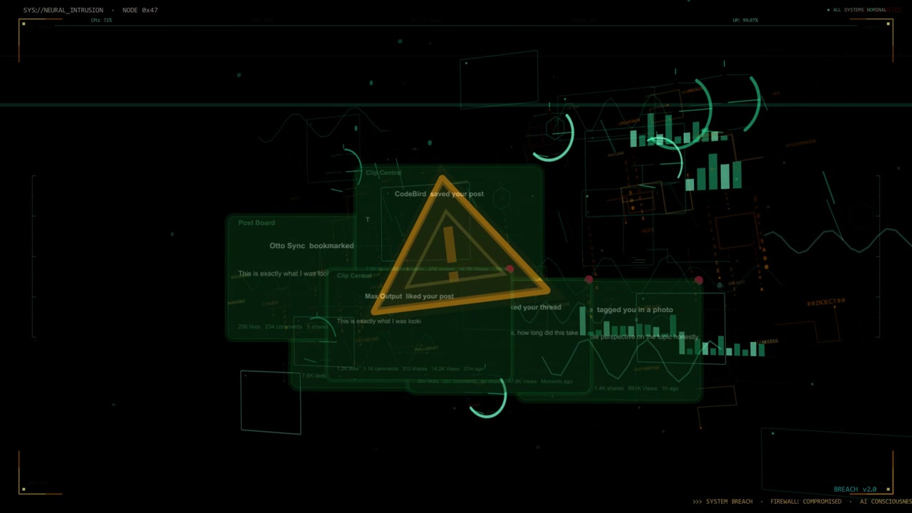 Orange triangle appearing, causing green panels stacking while teal charts moving to signal alerts