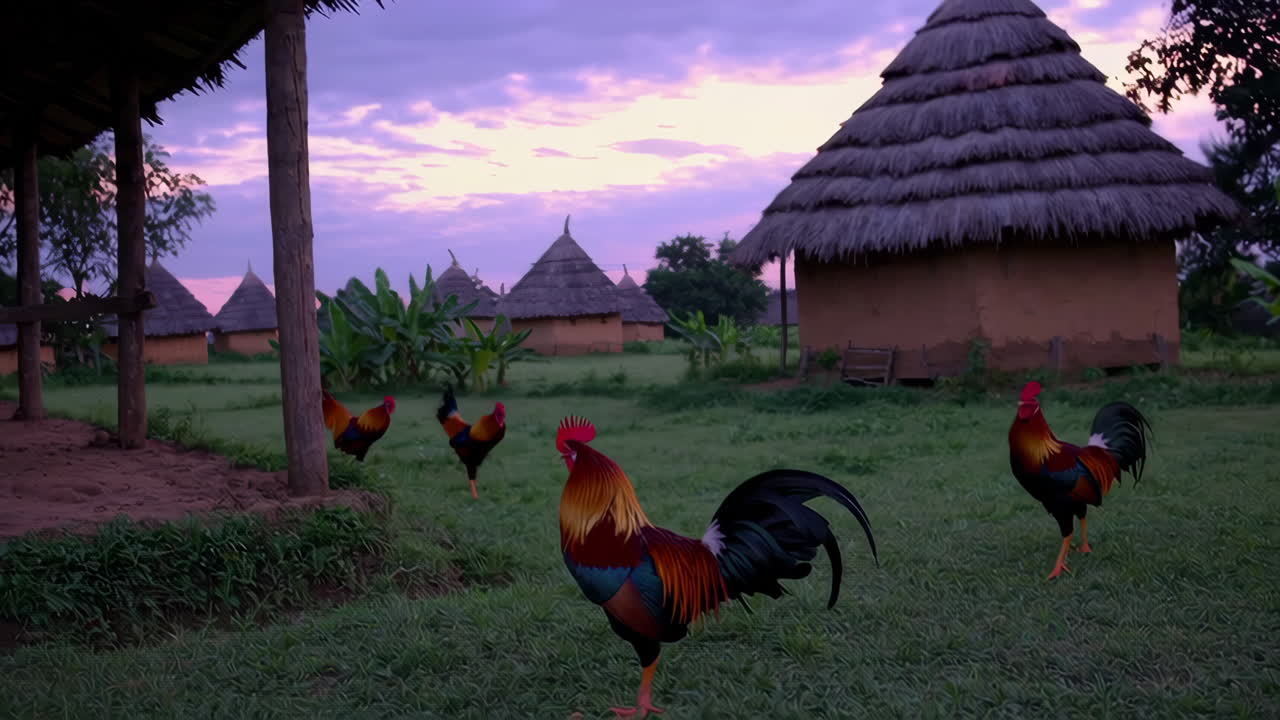 Roosters in a Rural Village at Dawn/Dusk