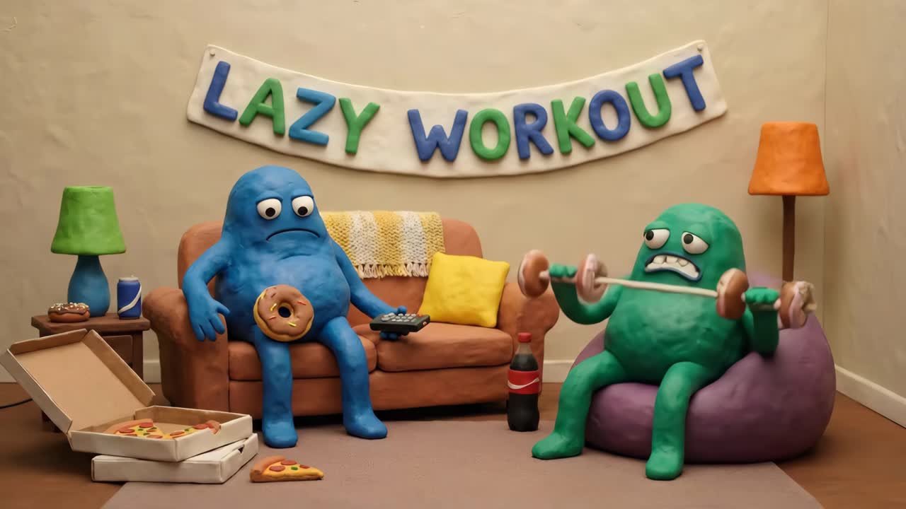 Humorous Claymation Characters Attempting a Lazy Workout