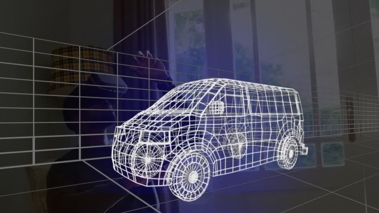 집에서 vr 헤드 ⁇ 을 착용한 밴의 3d 기술 도면의 애니메이션