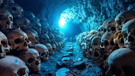 skulls in a tunnel with a light at the end