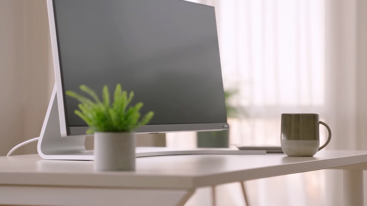 Sunlit Minimalist Home Office Desk With Monitor, Soft Natural Light Through Sheer Curtains, Sleek Computer,