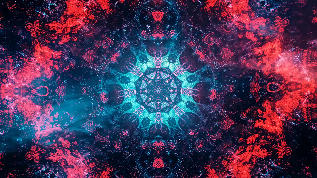 Animation starting star-like pattern pulsing magenta ovals, cyan ellipses rotating in navy space