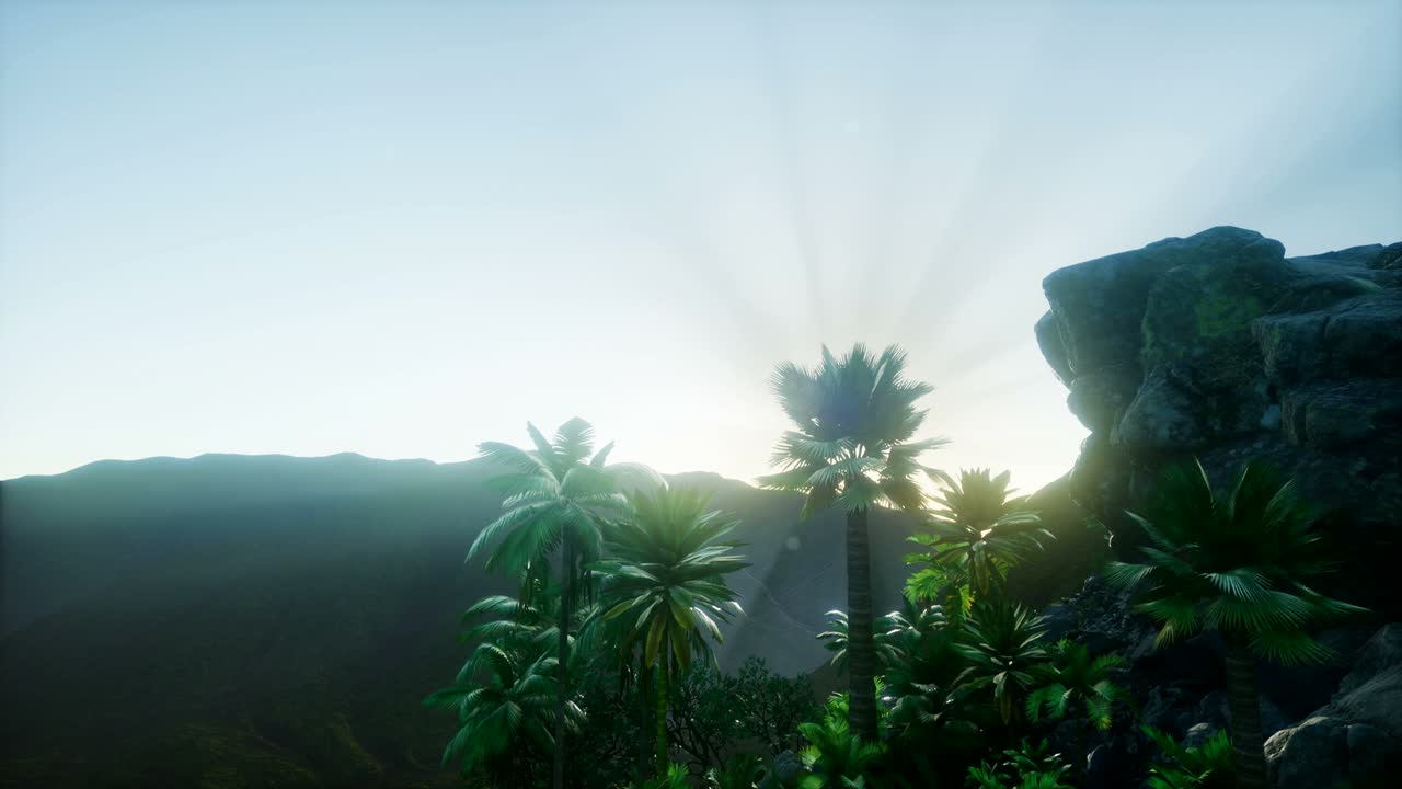 paisaje de montaña y campo con palmeras