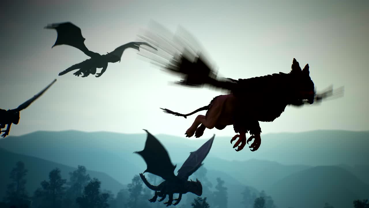 놀라운 마법 특이한 생물은 번개를 배경으로 신비한 밤의 숲을 날아. 환상, 소설 또는 웅장한 배경에 대한 애니메이션.