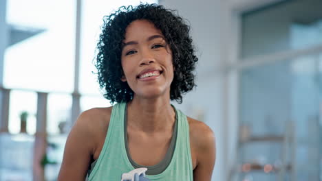 fitness, face and woman with water