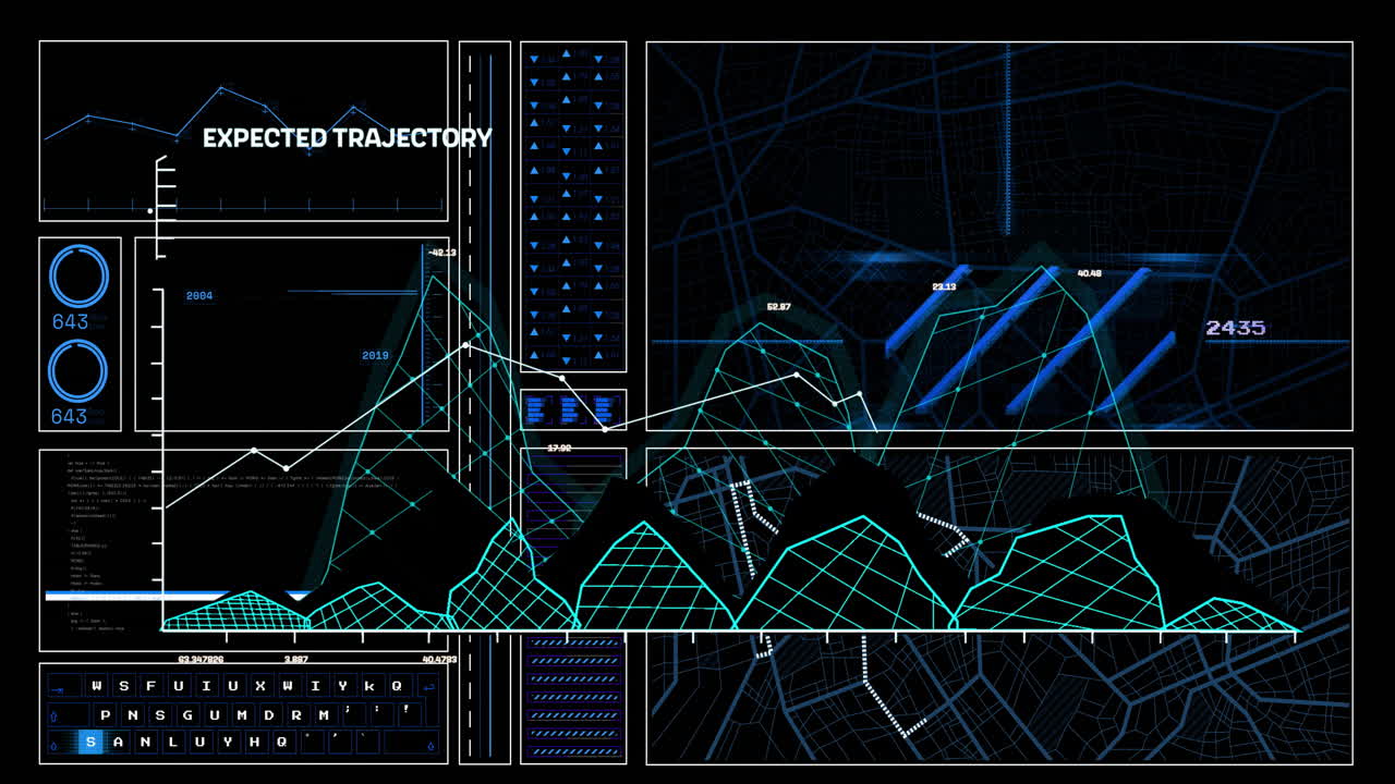 Animation of futuristic data analysis with graph overlays and trajectory in school