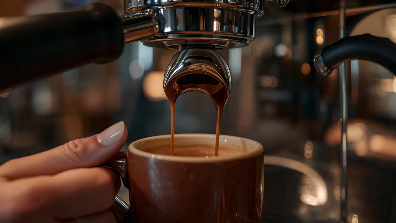 Starting extraction machine spout pouring espresso into brown mug at bar, hand holding to fill cup