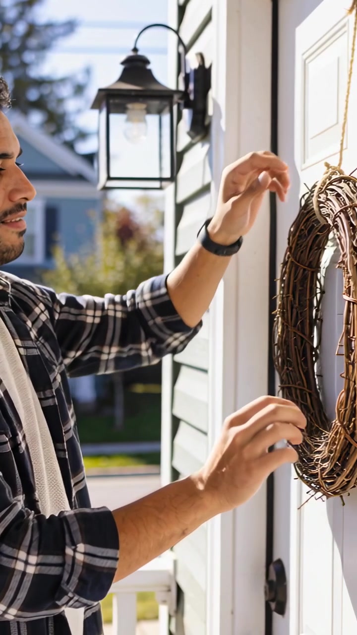 Vertical video: Hanging grapevine wreath to decorate white door, man adjusting on porch in plaid
