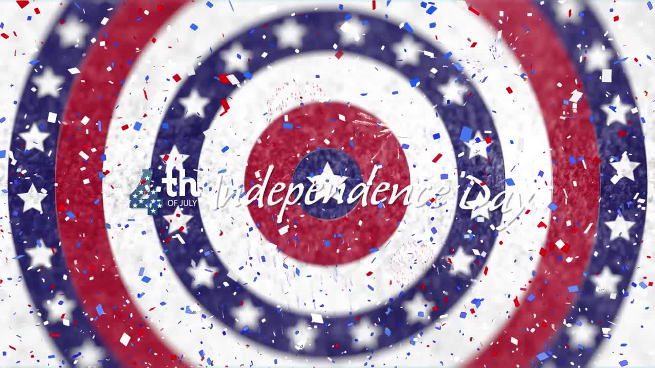 Confetti falling over independence day text against stars on spinning circles on white background