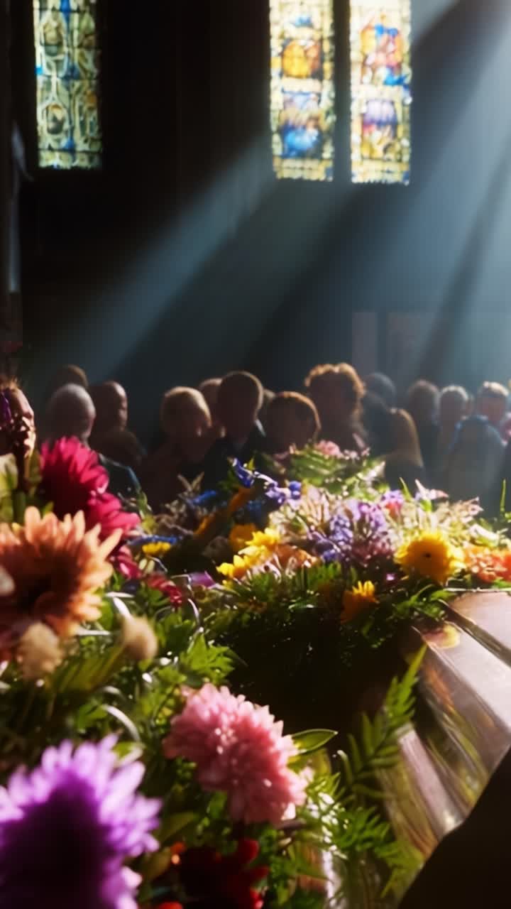 Un sereno raduno commemorativo circondato da fiori vivaci e soffici raggi di luce in uno spazio tranquillo che riflette amore e addio