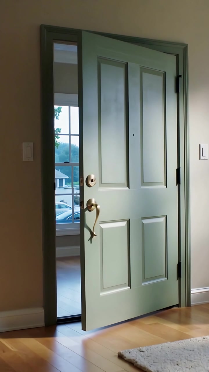 Vertical video: Opening green panel door at home entry, offframe hand turning latch, revealing cars