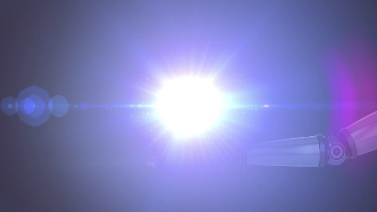 어두운 보라색 배경에 있는 로 ⁇  팔의 손 위에 자라는 식물과 반 ⁇ 이는 빛의 애니메이션