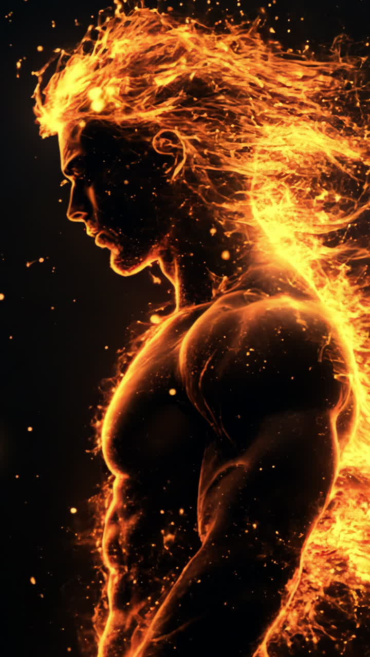 A man with a long, flowing mane of hair is surrounded by a fiery explosion. Concept of power and intensity, as the flames seem to be engulfing the man. The contrast between the man's muscular physique