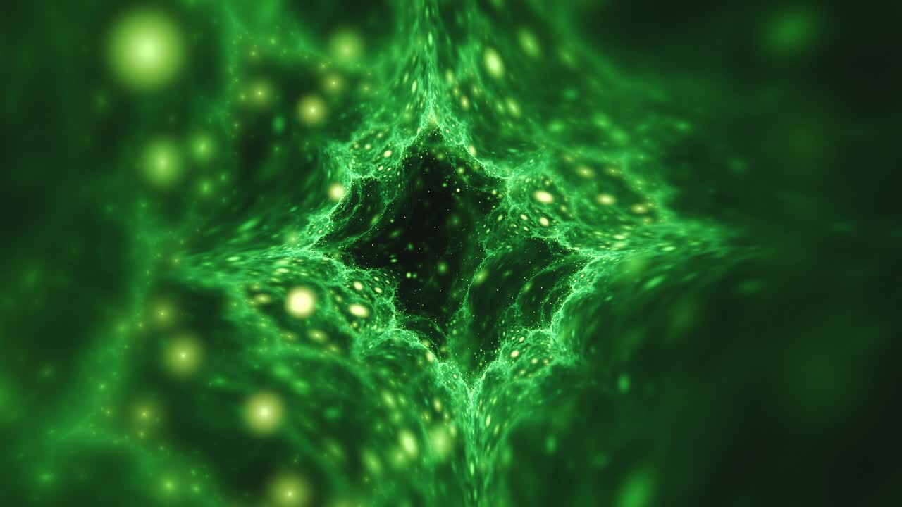 끈적끈적한 에메랄드 녹색 슬라임 터널, 물방울과 공이 떠다니는 초현실적인 추상 프랙탈 배경