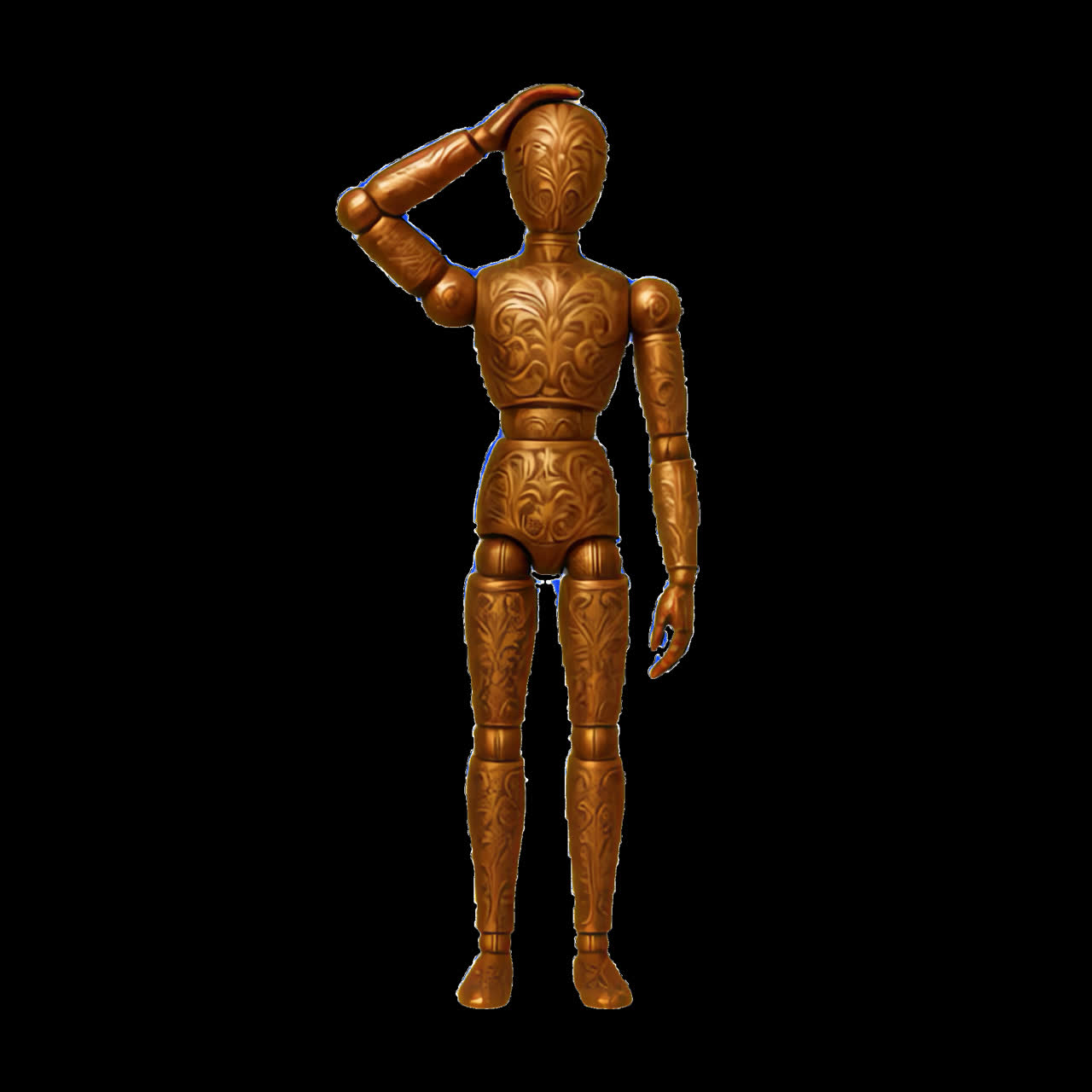 Ornate wooden mannequin art animation isolated asset, transparent 4K video, alpha channel, ProRes