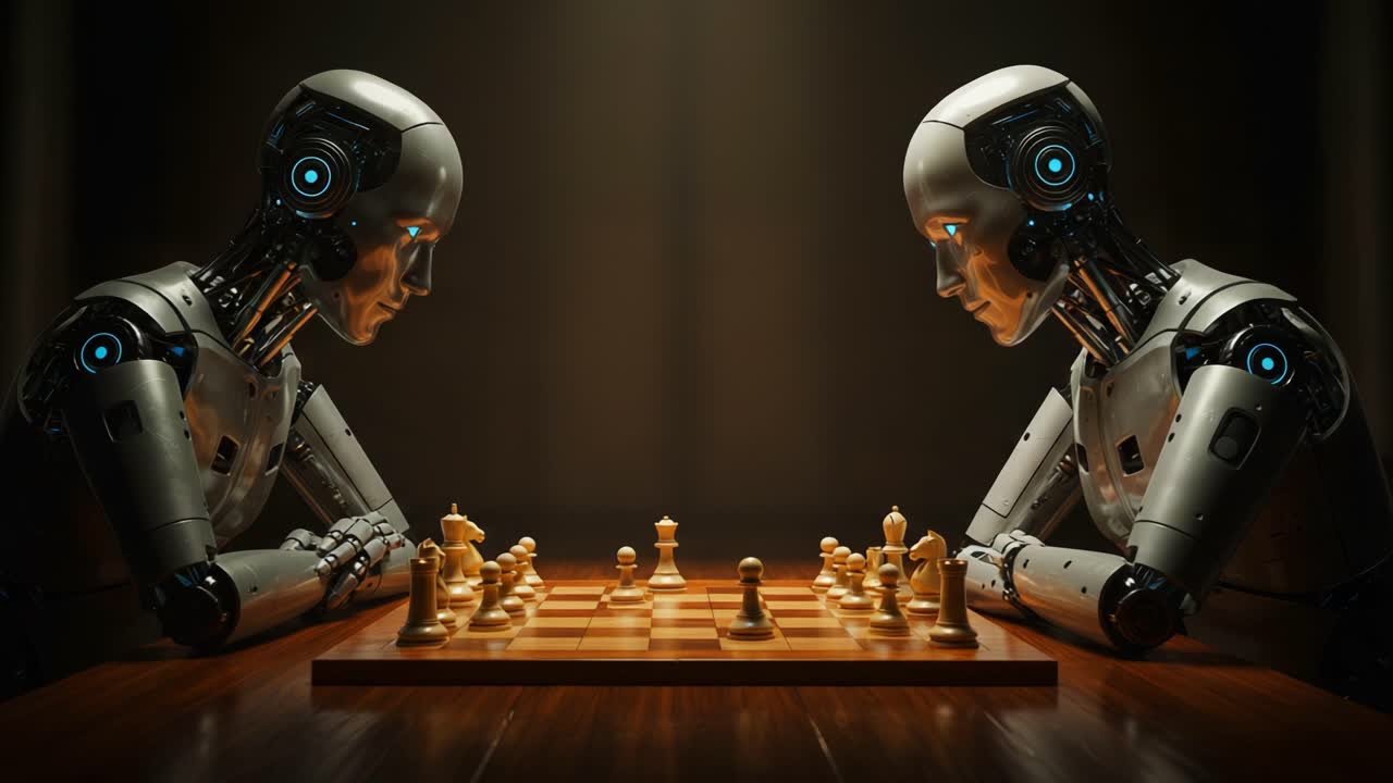Engaging in a Silent Battle of Wits: Two Advanced Robots Face Off in a Strategic Game of Chess, Showcasing Artificial Intelligence and Tactical Skills