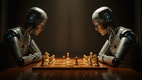 engaging in a silent battle of wits: two advanced robots face off in a strategic game of chess, showcasing artificial intelligence and tactical skills