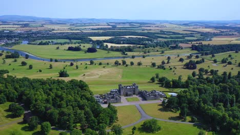 famous scottish castle aerial in scottish borders, scotland, united kingdom