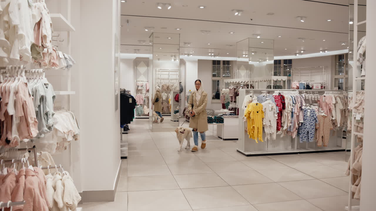 Dog pulls on leash while training in public at a children's clothing store