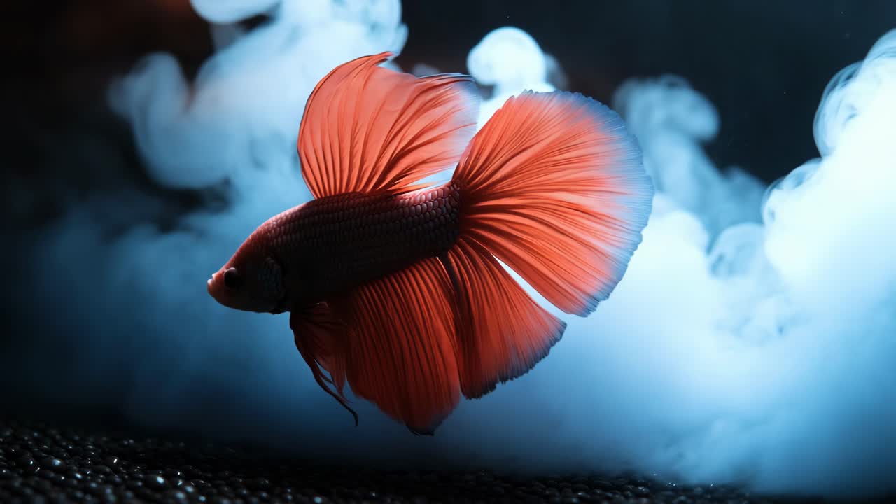 Colorful betta fish swimming in water. A vibrant betta fish glides gracefully through water amidst wisps of mist, showcasing its flowing fins and vivid colors.