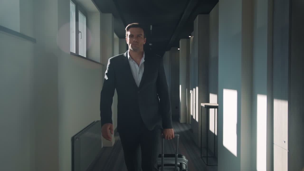 Uomo elegante con valigia che cammina nel corridoio dell'hotel. Uomo che si sistema in un hotel d'affari.