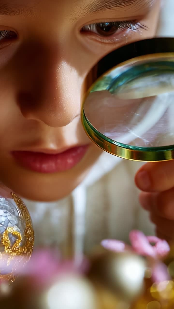 A Young Child's Fascination with Discovery: Using a Magnifying Glass to Explore Intricate Details of Objects Nearby in a Close-up Scene Full of Curiosity and Wonder