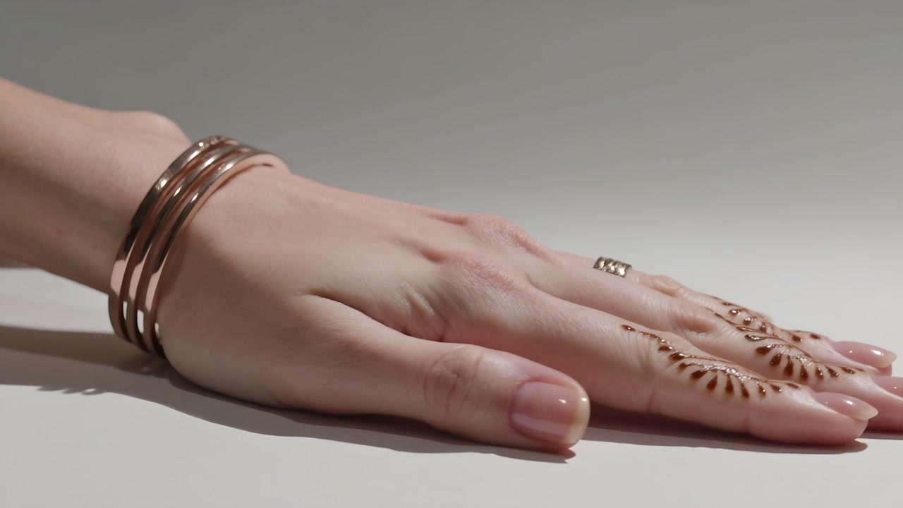 Tangan wanita meletakkan dan mengatur jari di meja studio, menampilkan henna, gelang emas mawar, dan cincin.