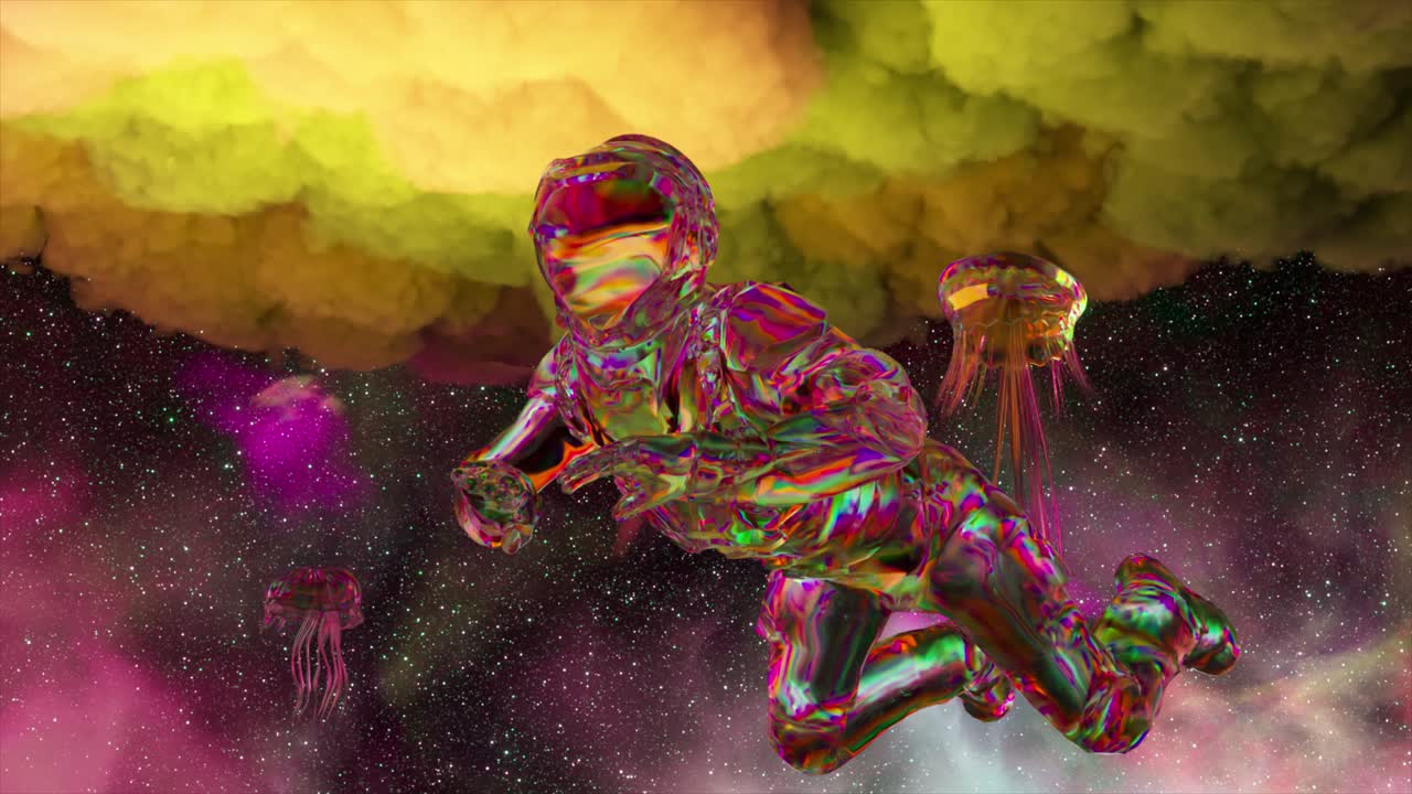 Iriserende astronaut i en kosmisk tåge