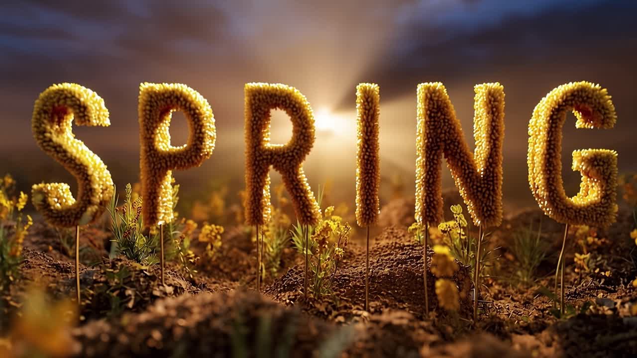 Golden letters spell "SPRING" in a sunlit meadow. Sunbeams pierce the sky, casting a warm glow. Earth teems with wildflowers, newly awakened. Nature stirs, ready for renewal