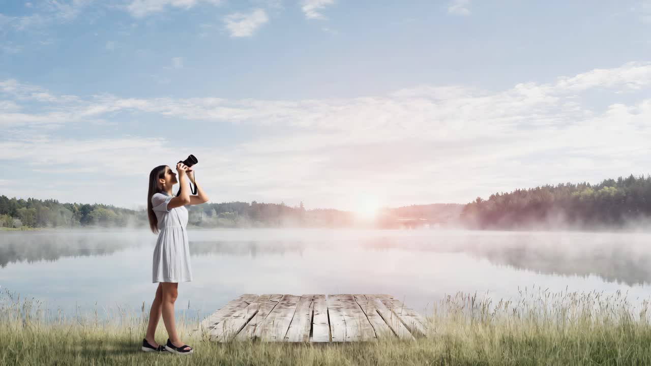 Woman with binoculars on a lake pier at sunrise