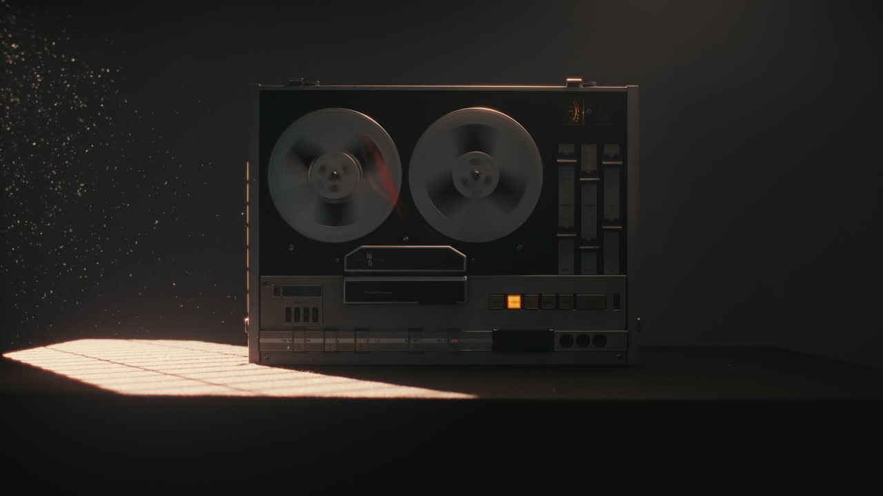A vintage tape recorder with spinning spools