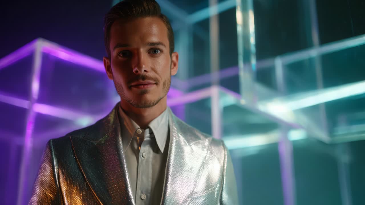 A Stylish Male Model in a Shimmering Silver Suit Poses Confidently Against a Futuristic Background of Geometric Shapes Illuminated with Vibrant Neon Lights, Exuding Modern Elegance and Charisma