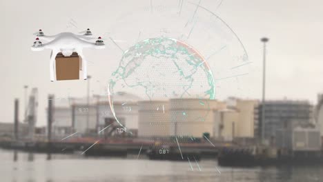 Animation-of-network-of-connections-over-drone-with-parcel-over-harbor