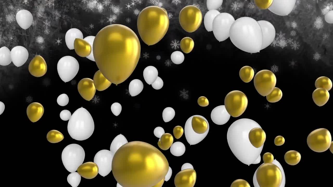 animación de globos dorados y blancos volando sobre la nieve