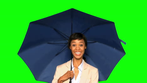 Cheerful-businesswoman-holding-umbrella-