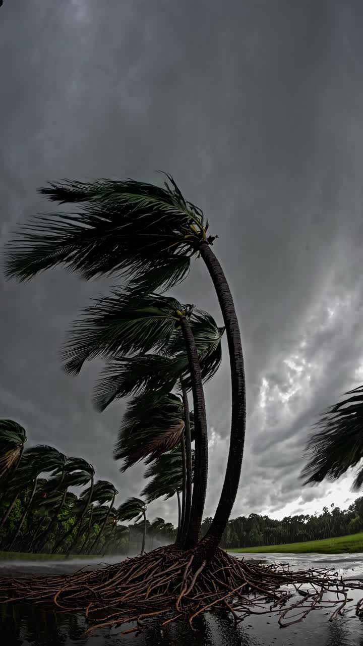 Dramatic low-angle shot of palm trees bending in strong winds, under a stormy sky