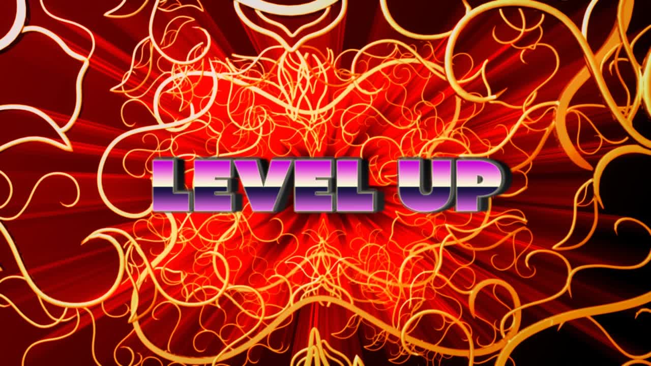 Animazione di testo 'level up' su un motivo astratto a spirale su sfondo nero.