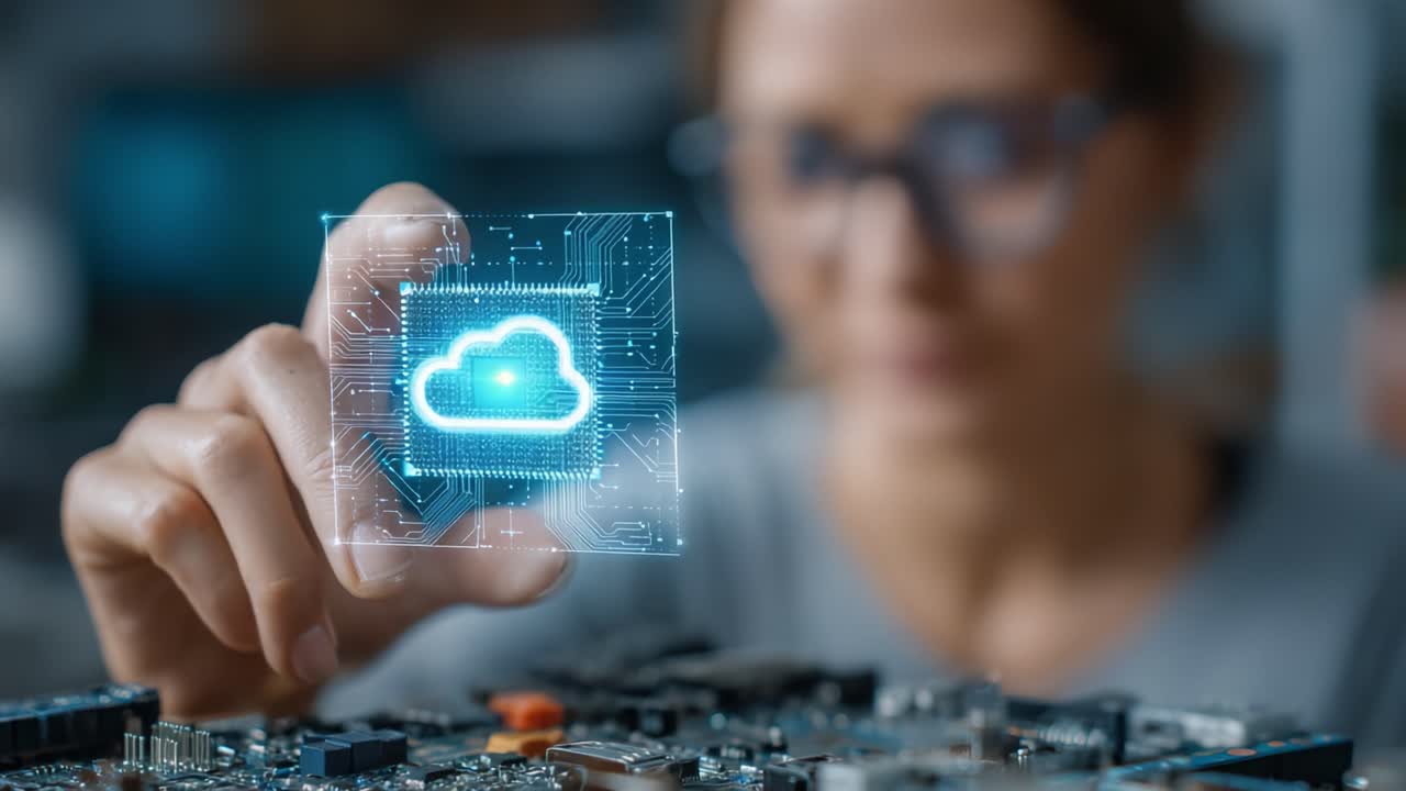 Esplorando il Futuro della Tecnologia: Un Individuo con un'Interfaccia Cloud Olografica Tra Circuiti in un Ambiente ad Alta Tecnologia