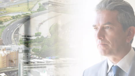 animación del paisaje urbano sobre el empresario caucásico en el cargo