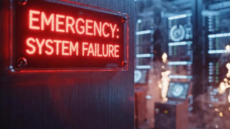 Emergency Alert: A Critical System Failure Warning with Red Illuminated Sign in High-Tech Environment Surrounded by Network Servers and Equipment