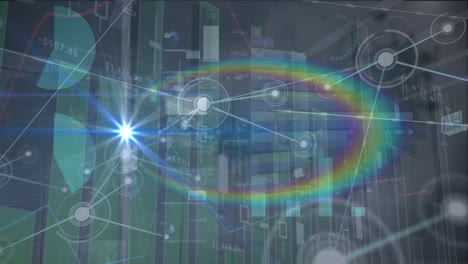 animación de conexiones, luz con halo y procesamiento de datos en pantalla digital.