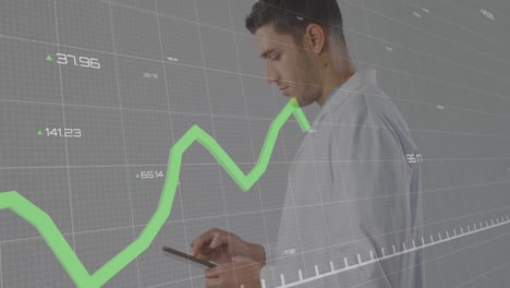 animation of graph with changing numbers over caucasian male doctor using digital tablet