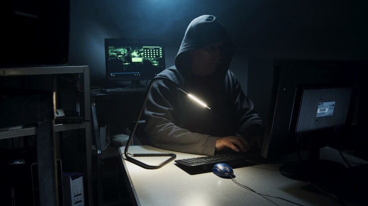 Hacker informatico digita codice al computer