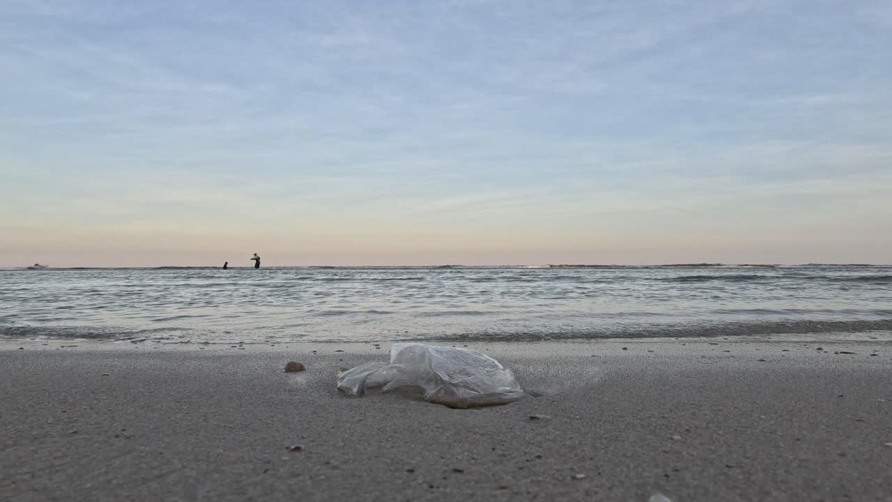 플라스틱 폐기물이 평화로운 해변을 가득 채우고 있습니다.