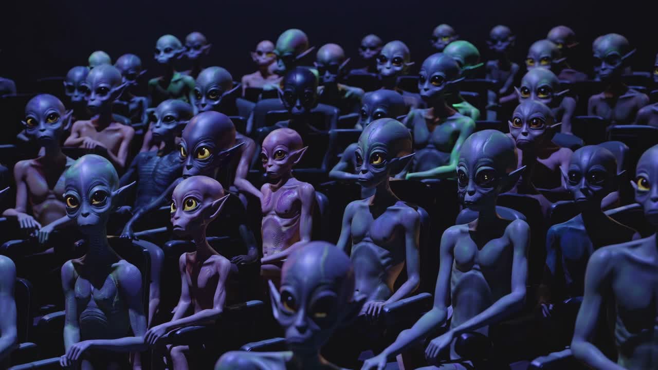 Extraterrestrial moviegoers watching science fiction film, sitting closely together in darkened theater, experiencing captivating intergalactic narrative with rapt alien attention
